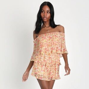 NWT Lulus Gala Ready Peach Multi Floral Pleated Off-the-Shoulder Romper